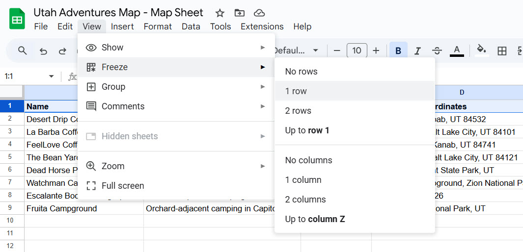 Create Google Sheet - freeze top row