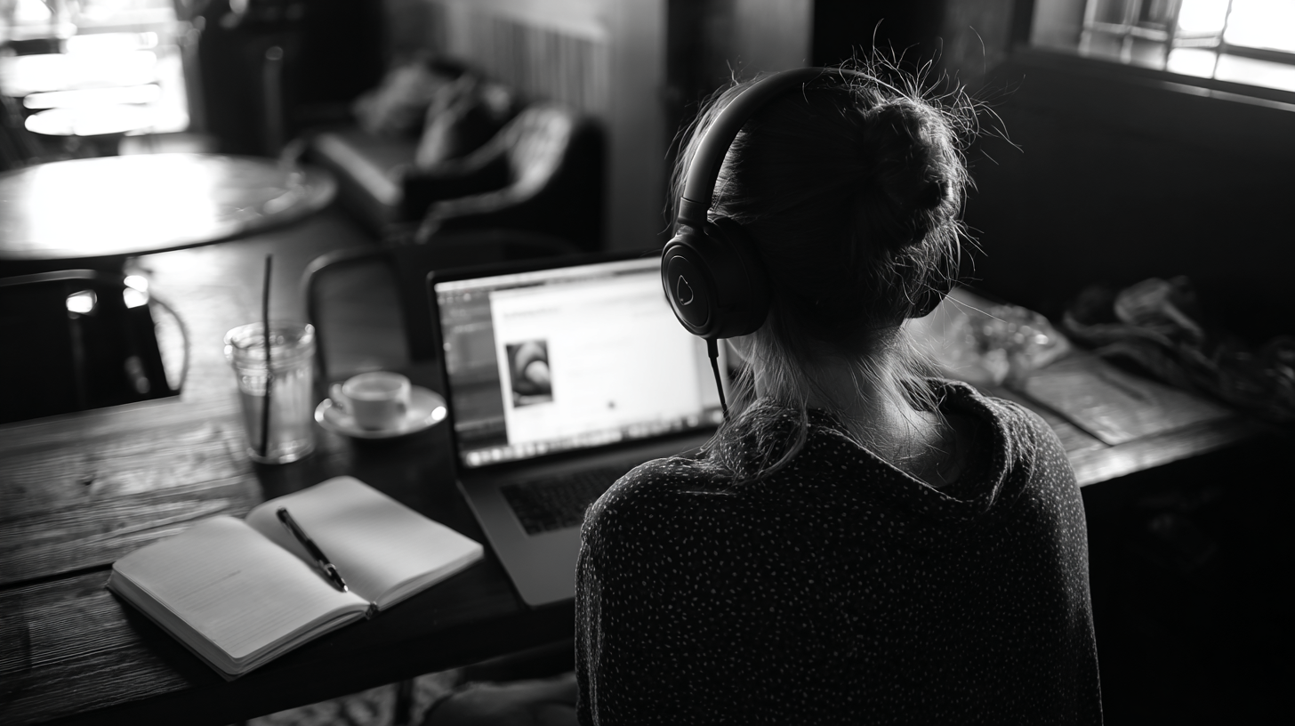 Girl in coffee shop with headphones on